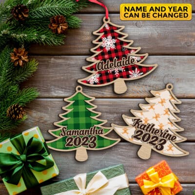 Alternative view of Custom 3D Christmas Tree Stocking Ornament - Christmas Gift Tag - Custom Wood Name Tags - Painted Christmas Tree Ornaments