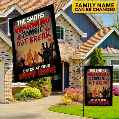 Personalized Warning Zombie Out Break Enter At Your Own Risk Funny Halloween Outdoor House Flag - Home Garden Flag