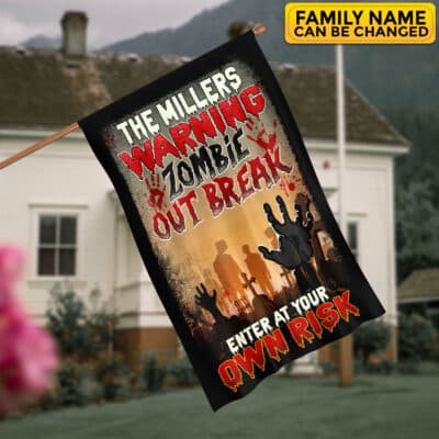 Alternative view of Personalized Warning Zombie Out Break Enter At Your Own Risk Funny Halloween Outdoor House Flag - Home Garden Flag