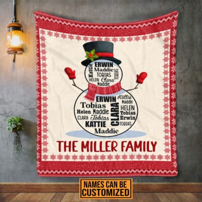 Personalized Snowman Name Blanket - Custom Family Name Fleece Blanket, Family Christmas Gift
