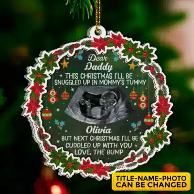 Alternative view of Personalized This Christmas I'll Be Snuggled Up In Mommy's Tummy Baby Expecting Acrylic Wood Ornament Keepsake