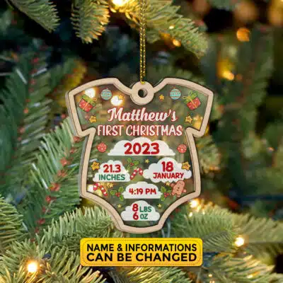 Personalised Baby's First Christmas Decoration | Christmas Bauble Gift Acrylic & Wood Ornament | Baby's 1st Christmas Ornament