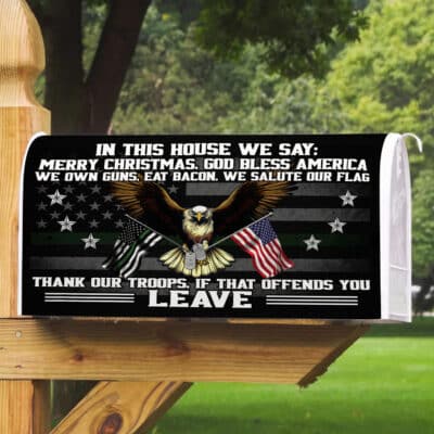 In This House We Say Merry Christmas God Bless America Eagle US Veteran Mailbox Cover - Decorative Post Letter Box Decor