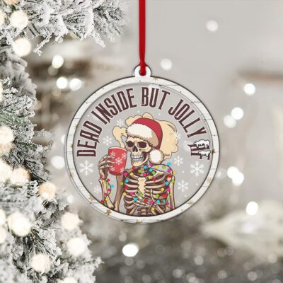 Alternative view of Dead Inside But Jolly AF Funny Skeleton Transparent Acrylic Wood Christmas Ornament Keepsake