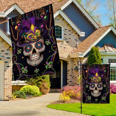 Alternative view of Mardi Gras Skull Top Hat Funny Sugar Flag - Yard Flag - House Flag Wall Flag