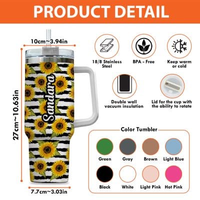 Alternative view of Personalized Name Sunflower 40 Oz Tumbler With Handle Sunflower Tumbler With Lid Straw - Travel Coffee Mug Sunflower Gifts For Women