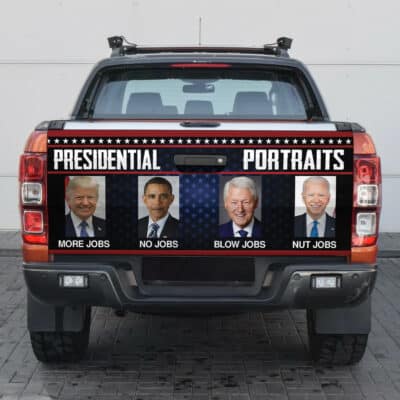 Alternative view of Presidential Portraits More Jobs No Jobs Funny Trump Obama Bill Biden Truck Tailgate Decal Sticker Wrap