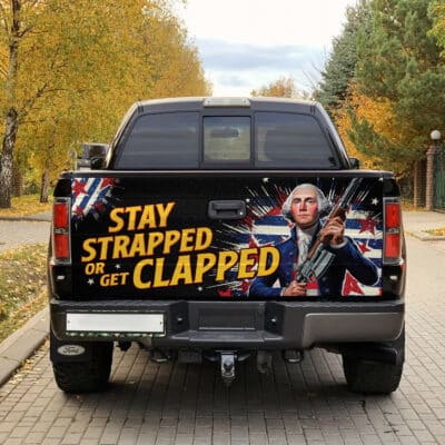Alternative view of Stay Strapped Or Get Clapped Funny George Washington 4th Of July Truck Tailgate Decal Sticker Wrap