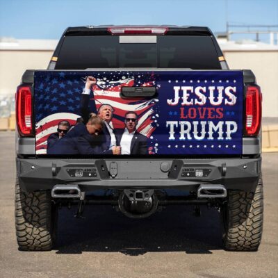 Jesus Loves Trump Truck Tailgate Decal Sticker Wrap - Support Trump 2024 Vinyl Graphic Decal Bumper Sticker