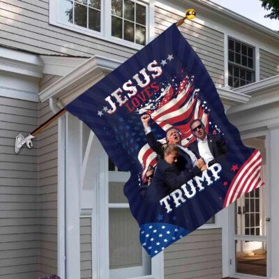 Alternative view of Jesus Loves Trump Outdoor House Flag - Support Trump 2024 Home Garden Flag