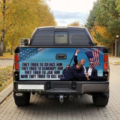 Alternative view of They Tried To Silence Him They Tried To Bankrupt Him Trump 2024 Truck Tailgate Decal Sticker Wrap