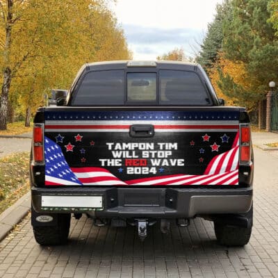 Alternative view of Tampon Tim Will Stop The Red Wave Funny Harris Walz 2024 Truck Tailgate Decal Sticker Wrap