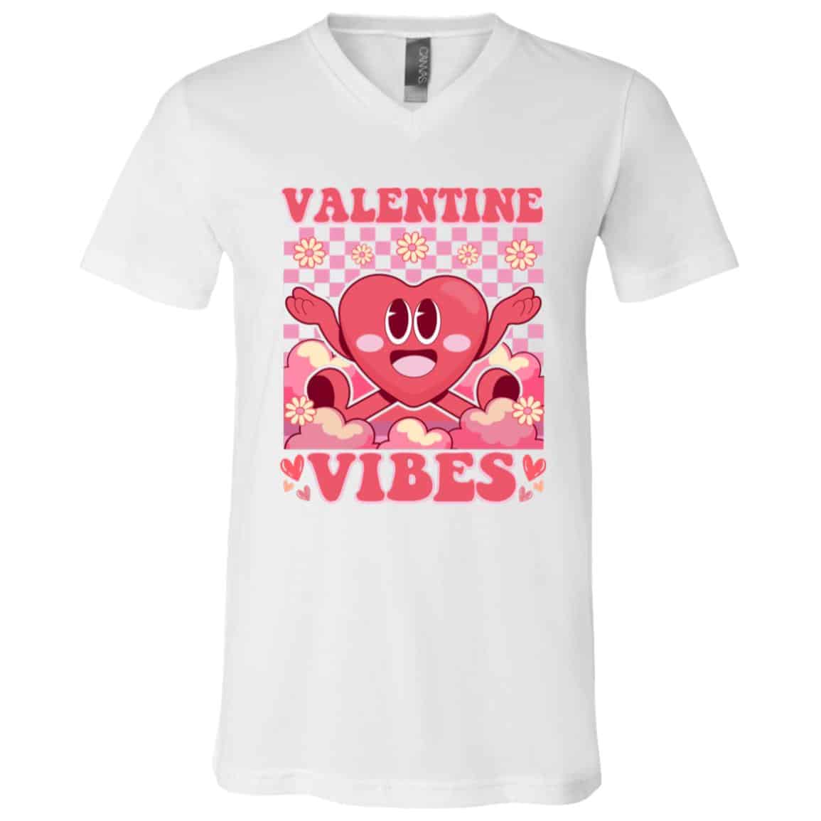 Retro Valentine's Day Heart Valentine Vibes T-Shirt, White, V-Neck T-Shirt