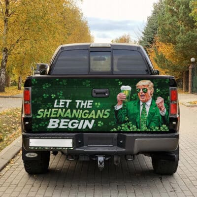 Alternative view of Let The Shenanigans Begin Funny Trump St Patrick's Day Truck Tailgate Decal Sticker Wrap