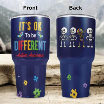 It's Ok To Be Different Funny Dabbing Skeleton Autism Awareness Insulated Tumbler Cup With Lid and Straw