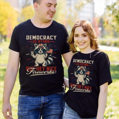 Alternative view of Democracy Is Dying But Hey Nice Fireworks Funny Raccoon 4th Of July T-Shirt - V-Neck Shirt
