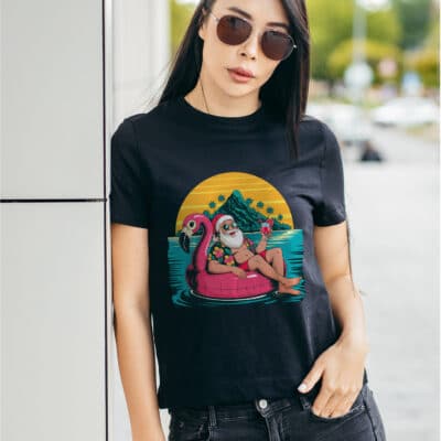Alternative view of Chritmas in July Funny Santa Flamingo Float T-Shirt