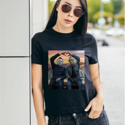Alternative view of Michael And Jason Heart Hands Funny Halloween Horror Movie T-Shirt
