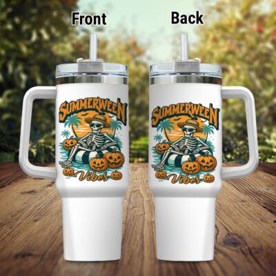 Summerween Vibes Funny Skull Halloween Insulated Tumbler Cup With Handle and Straw