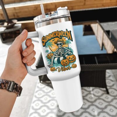 Alternative view of Summerween Vibes Funny Skull Halloween Insulated Tumbler Cup With Handle and Straw