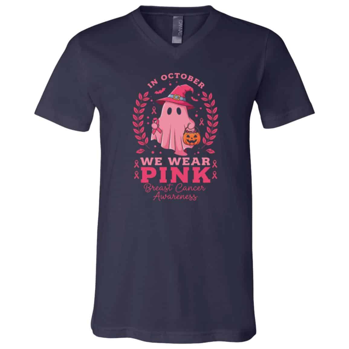 in October We Wear Pink Breast Cancer Women Halloween T-Shirt - V-Neck Shirt, Navy, V-Neck T-Shirt in October We Wear Pink Breast Cancer Women Halloween T-Shirt - V-Neck Shirt, Navy, V-Neck T-Shirt