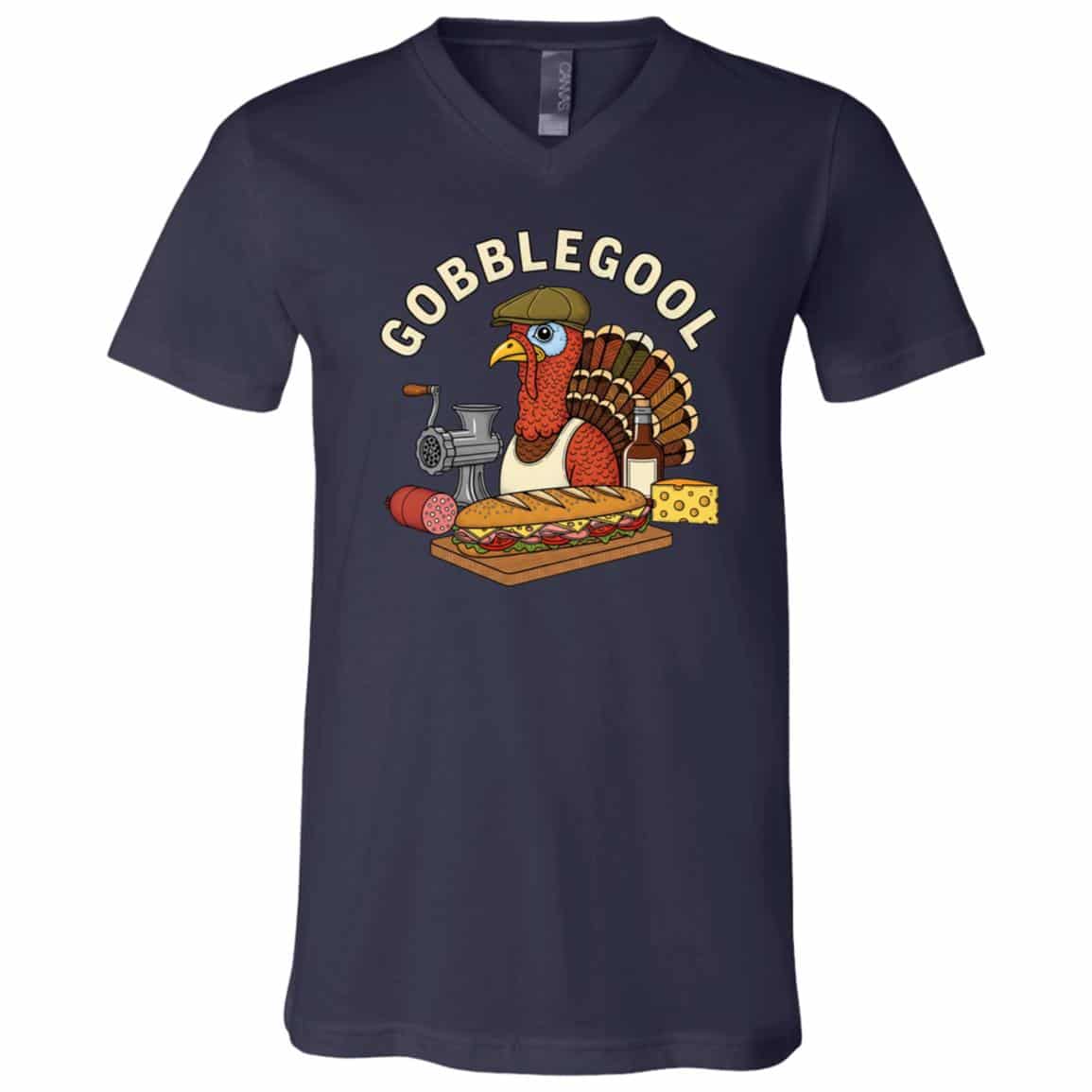 Gobblegool Turkey Thanksgiving T-Shirt - V-Neck Shirt, Navy, V-Neck T-Shirt