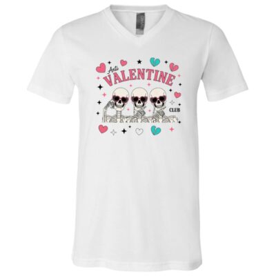 Anti Valentine Club Funny Skeleton For Valentines Day Cute T-Shirt - V-Neck Shirt, White, V-Neck T-Shirt