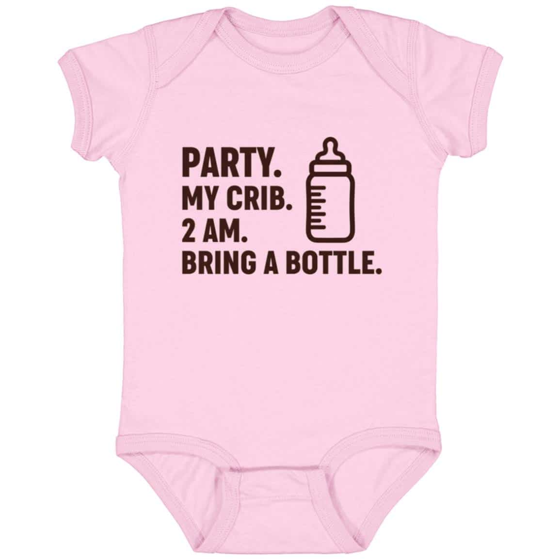 Party My Crib 2AM Bring A Bottle Baby Onesie - Baby Bodysuit, Pink, Infant Baby Bodysuit