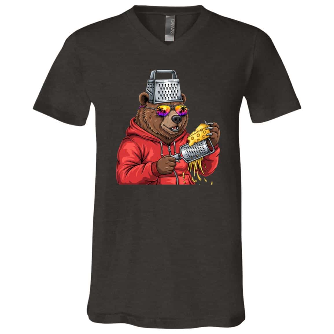 Bear with Cheese Grater Hat and Sunglasses Sunse Funny T-Shirt, Dark Grey Heather, V-Neck T-Shirt