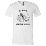 Get in Loser We're Doing God's Will Whale Shark Jesus Bible T-Shirt - V-Neck, White, V-Neck T-Shirt Get in Loser We're Doing God's Will Whale Shark Jesus Bible T-Shirt - V-Neck, White, V-Neck T-Shirt