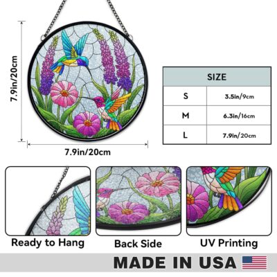 Alternative view of Hummingbird Flower Stained Glass Window Hanging – Round Stained Glass Panel -  Mother's Day Gift for Mom Grandma