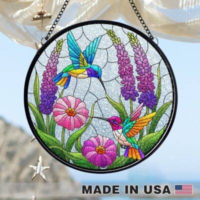 Hummingbird Flower Stained Glass Window Hanging – Round Stained Glass Panel -  Mother's Day Gift for Mom Grandma