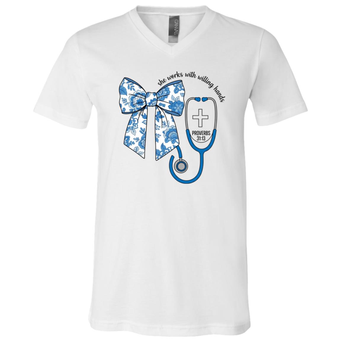 Nurse Ribbon She Works With Willing Hand T-Shirt - V-Neck Shirt, White, V-Neck T-Shirt Nurse Ribbon She Works With Willing Hand T-Shirt - V-Neck Shirt, White, V-Neck T-Shirt