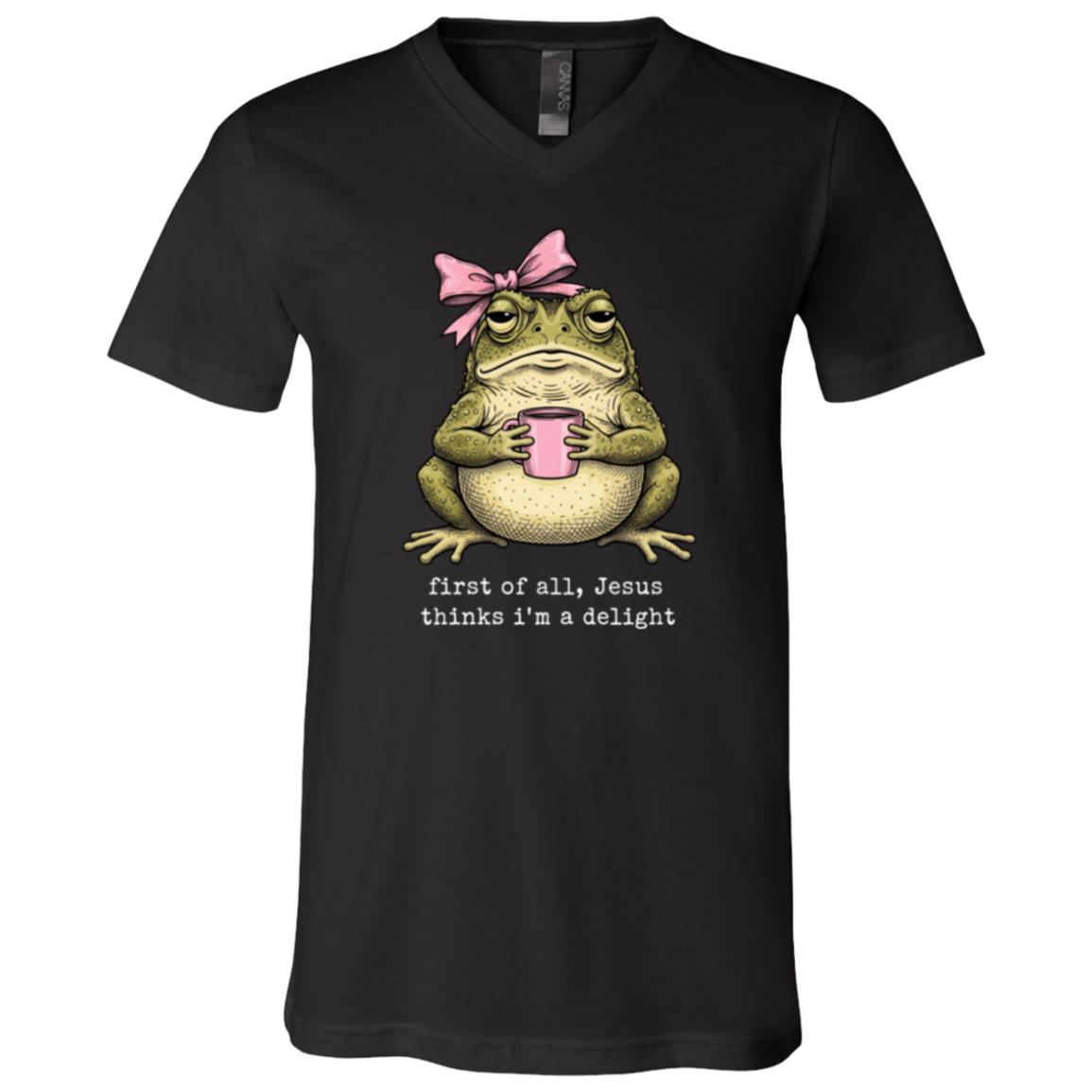 Funny Frog Shirt, Jesus Thinks I’m A Delight Tee, Cute Toad Drinking Coffee Graphic T-Shirt, Black, V-Neck T-Shirt Funny Frog Shirt, Jesus Thinks I’m A Delight Tee, Cute Toad Drinking Coffee Graphic T-Shirt, Black, V-Neck T-Shirt