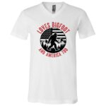 Patriotic Bigfoot Shirt, Loves Bigfoot And America Too Funny Sasquatch Tee, USA Flag Cryptid Graphic T-Shirt, White, V-Neck T-Shirt