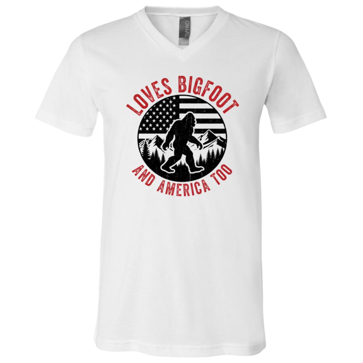 Patriotic Bigfoot Shirt, Loves Bigfoot And America Too Funny Sasquatch Tee, USA Flag Cryptid Graphic T-Shirt, White, V-Neck T-Shirt
