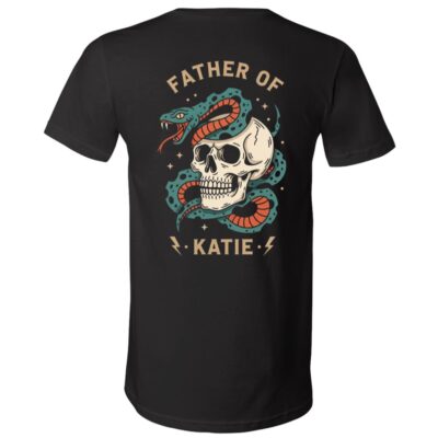 Personalized Father Of Katie Skull Snake Shirt & Youth Shirt, Gothic Dad T-Shirt, Custom Name Biker Tee,, Black, V-Neck T-Shirt