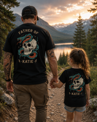 Alternative view of Personalized Father Of Katie Skull Snake Back Shirt & Youth Shirt, Gothic Dad T-Shirt, Custom Name Biker Tee,