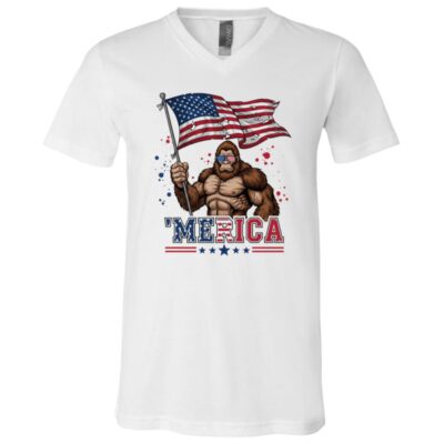 Merica Bigfoot Shirt, Funny Sasquatch American Flag Patriotic T-Shirt, USA Freedom Graphic Tee, White, V-Neck T-Shirt