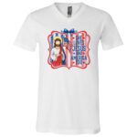 She Loves Jesus And America Too Shirt, Christian Patriotic T-Shirt, Faith USA Flag Gift For Women, White, V-Neck T-Shirt