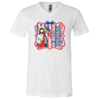 She Loves Jesus And America Too Shirt, Christian Patriotic T-Shirt, Faith USA Flag Gift For Women, White, V-Neck T-Shirt