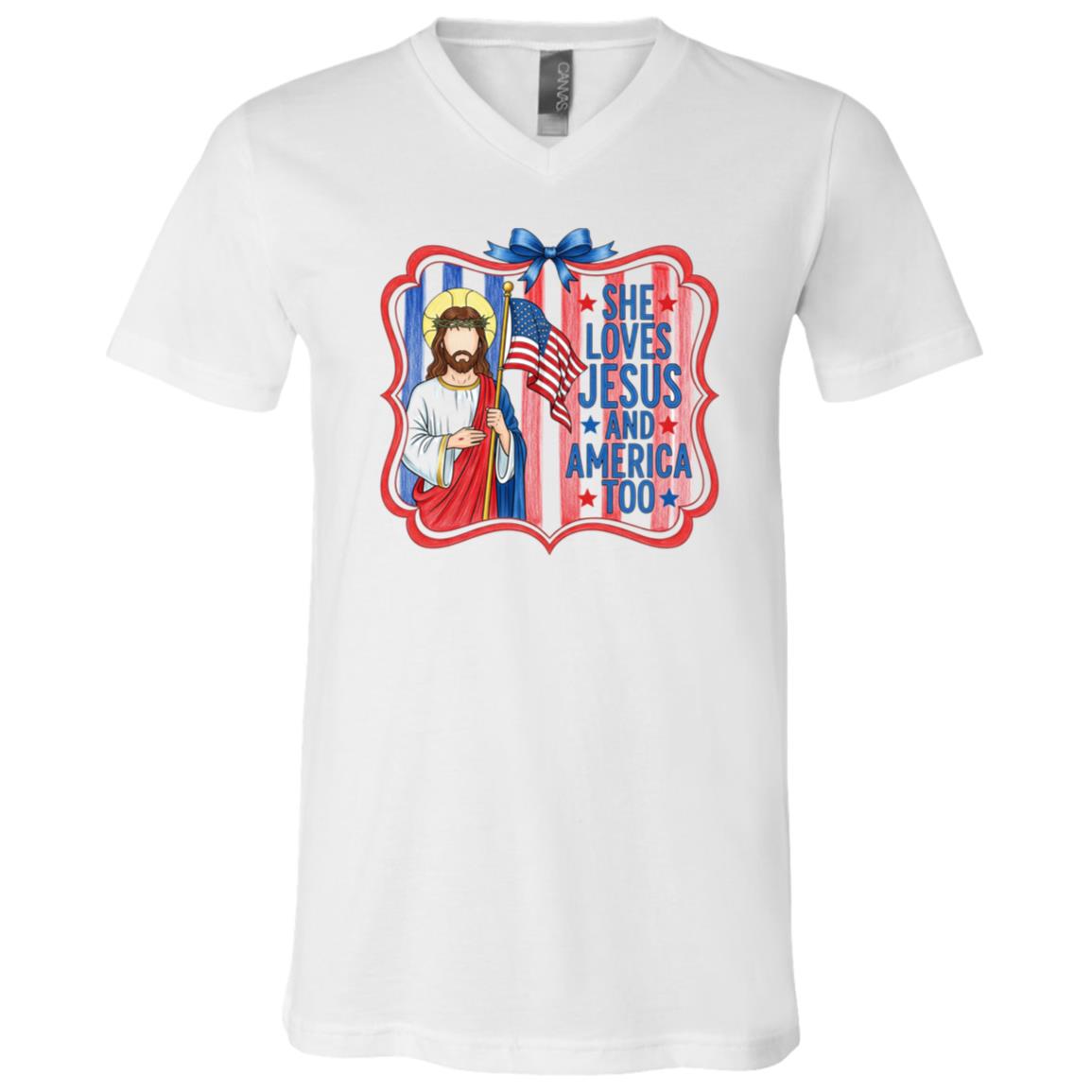 She Loves Jesus And America Too Shirt, Christian Patriotic T-Shirt, Faith USA Flag Gift For Women, White, V-Neck T-Shirt