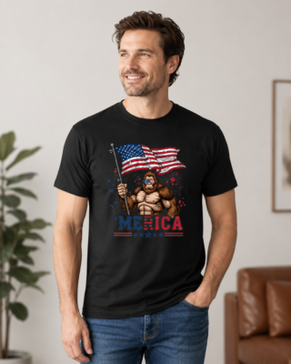 Alternative view of Merica Bigfoot Shirt, Funny Sasquatch American Flag Patriotic T-Shirt, USA Freedom Graphic Tee