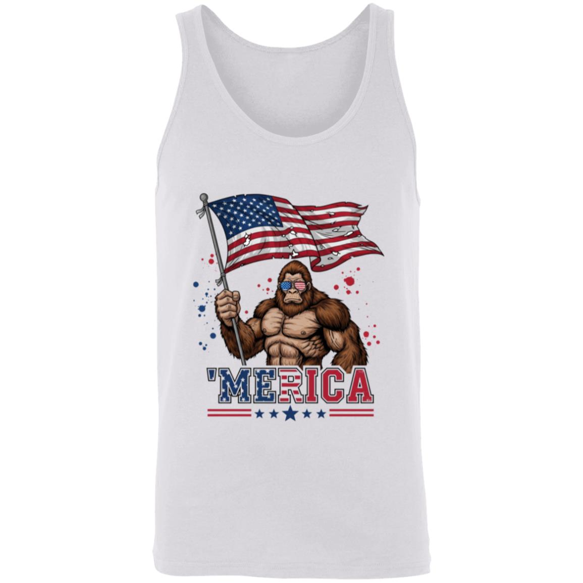 Merica Bigfoot American Flag Tank Top, Patriotic Sasquatch 4th Of July Tank, Funny USA Tank Shirt, White, Unisex Tank Top
