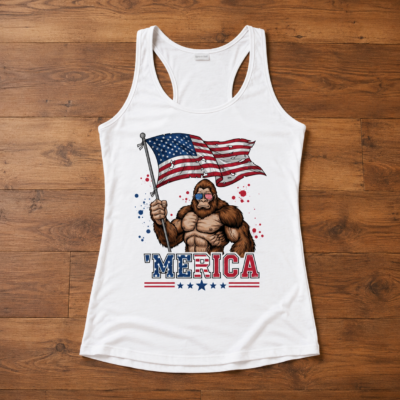 Alternative view of Merica Bigfoot American Flag Tank Top, Patriotic Sasquatch 4th Of July Tank, Funny USA Tank Shirt