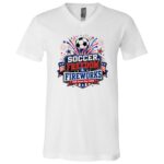 Soccer Freedom and Fireworks Shirt, USA Game Day 2026 Patriotic Soccer T-Shirt, Red White Blue Fan Tee, White, V-Neck T-Shirt