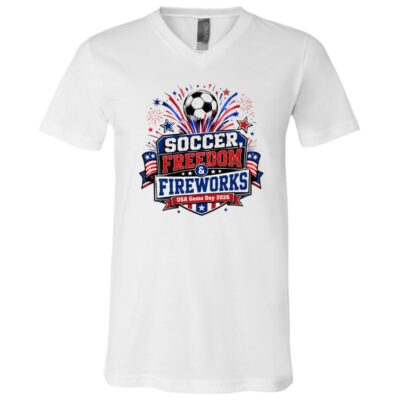 Soccer Freedom and Fireworks Shirt, USA Game Day 2026 Patriotic Soccer T-Shirt, Red White Blue Fan Tee, White, V-Neck T-Shirt