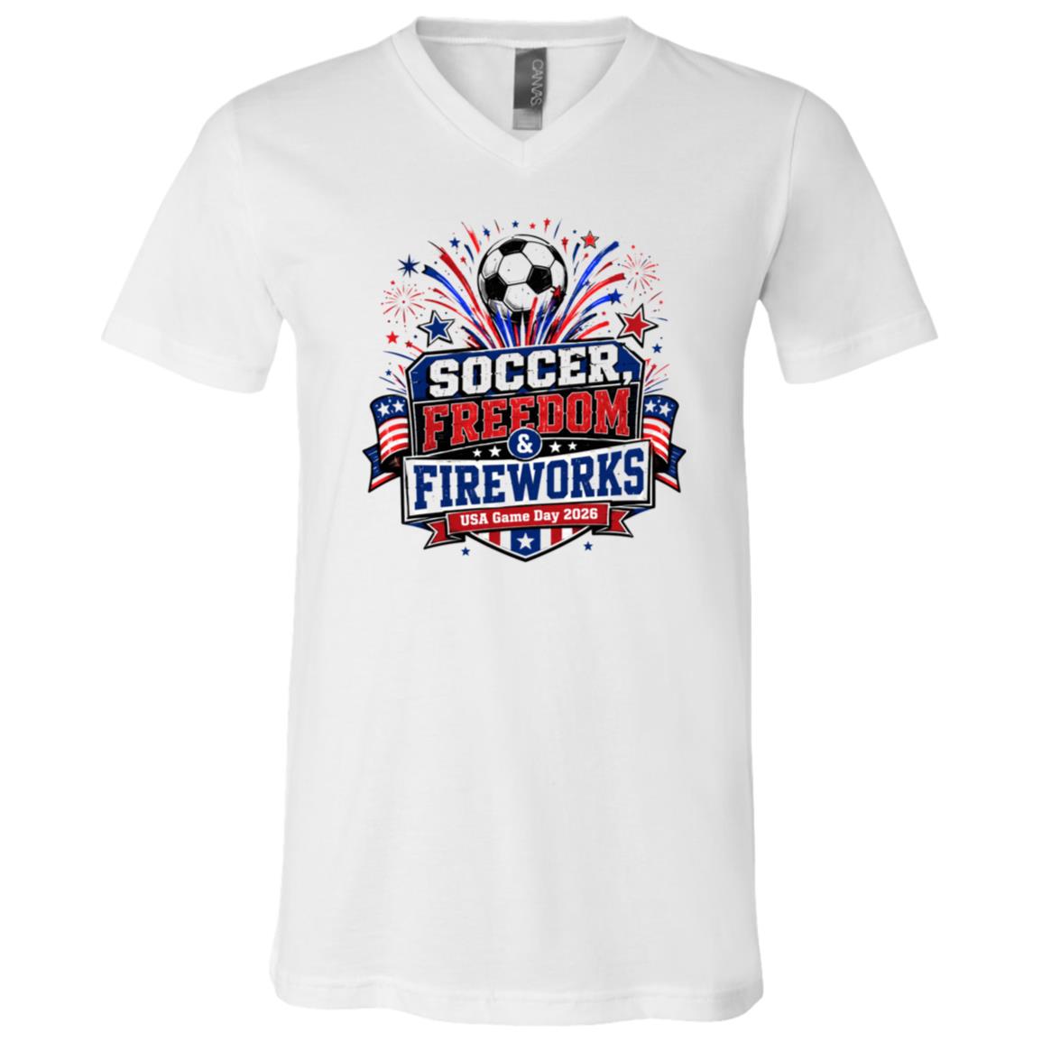 Soccer Freedom and Fireworks Shirt, USA Game Day 2026 Patriotic Soccer T-Shirt, Red White Blue Fan Tee, White, V-Neck T-Shirt