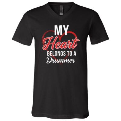 My Heart Belongs to a Drummer Shirt, Funny Music Lover T-Shirt, Drummer Girlfriend Wife Band Mom Gift Tee, Black, V-Neck T-Shirt