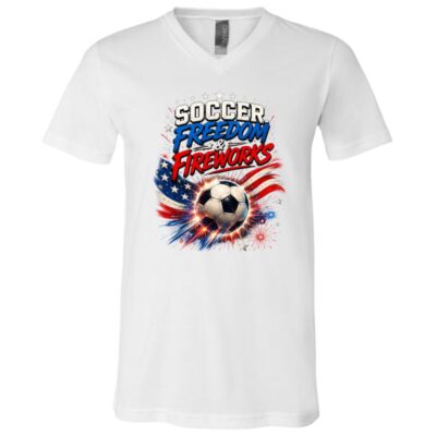 Soccer Freedom and Fireworks Shirt, USA Game Day 2026 Patriotic Soccer T-Shirt Youth, Red White Blue Sports Fan Tee, White, V-Neck T-Shirt